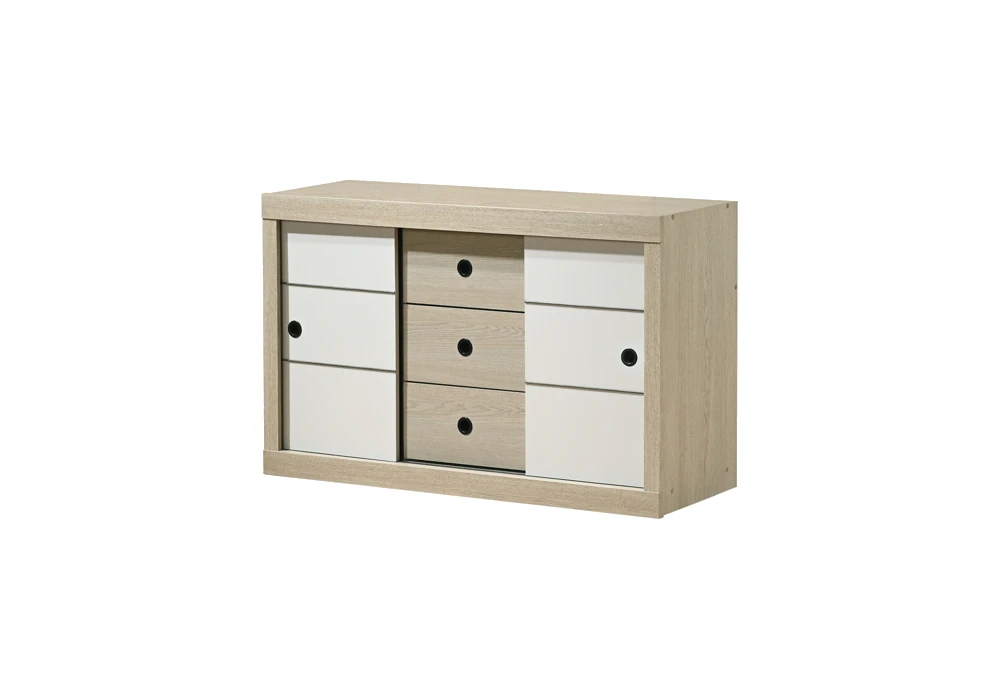 40279 Commode Aliar à 2 portes coulissantes et 3 tiroirs, coloris chêne/gris crème, vue sur fond blanc