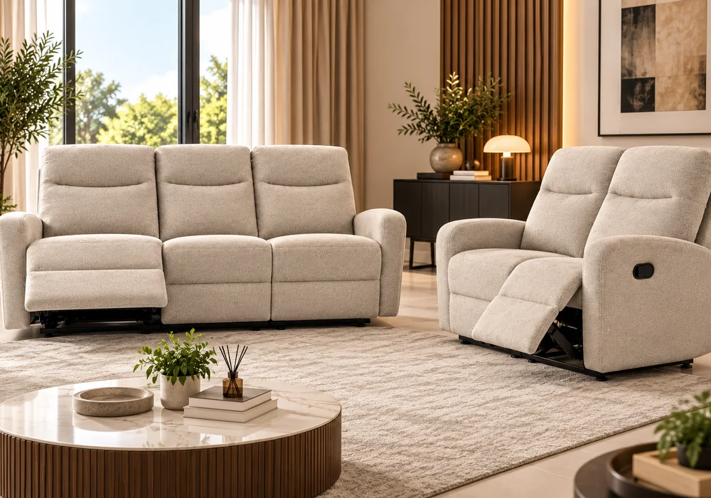 Salon BERIA en tissu microfibre beige, canapé 3 places et canapé 2 places avec relax ouverts, dans un salon lumineux