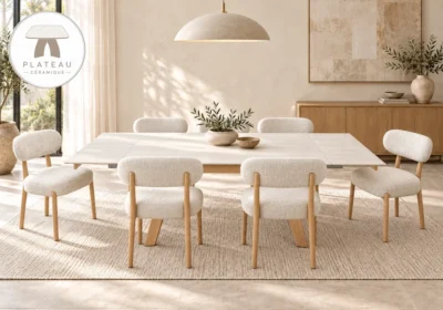 Table à manger rectangulaire en céramique effet travertin clair avec piètement effet bois, entourée de chaises dans une salle à manger lumineuse
