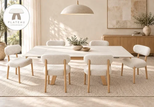Table à manger rectangulaire en céramique effet travertin clair avec piètement effet bois, entourée de chaises dans une salle à manger lumineuse