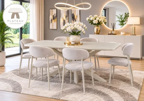 Table à manger PIRAE 180 cm au plateau beige entourée de chaises AERIA, dans une salle à manger lumineuse