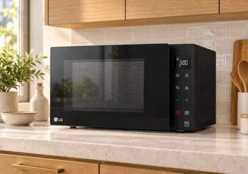 Micro-ondes LG NeoChef noir posé sur le plan de travail d'une cuisine lumineuse