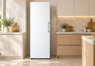 Congélateur armoire LG blanc 324 L installé dans une cuisine lumineuse