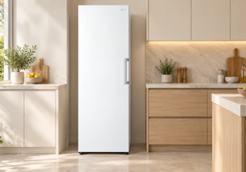 Congélateur armoire LG blanc 324 L installé dans une cuisine lumineuse