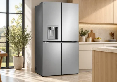 Réfrigérateur multi-portes LG silver avec distributeur d'eau dans une cuisine lumineuse