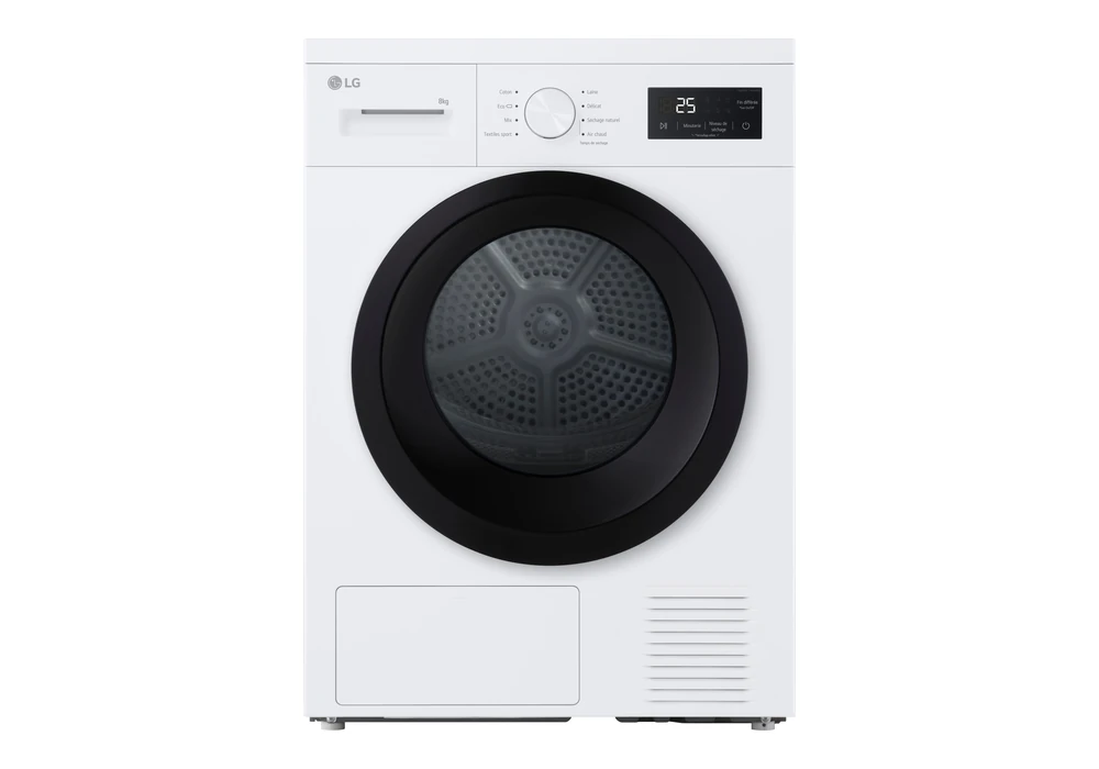 41434 Sèche-linge LG RH8N15WH blanc à pompe à chaleur, vue de face sur fond blanc