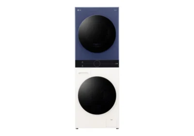 Colonne LG WashTower bleu et beige, vue de face sur fond blanc