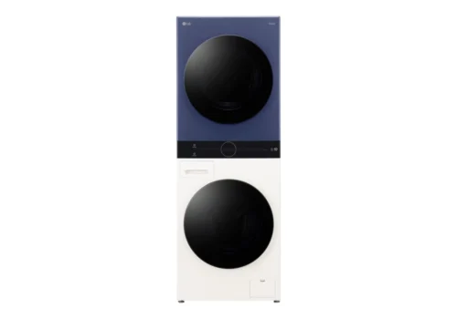 Colonne LG WashTower bleu et beige, vue de face sur fond blanc