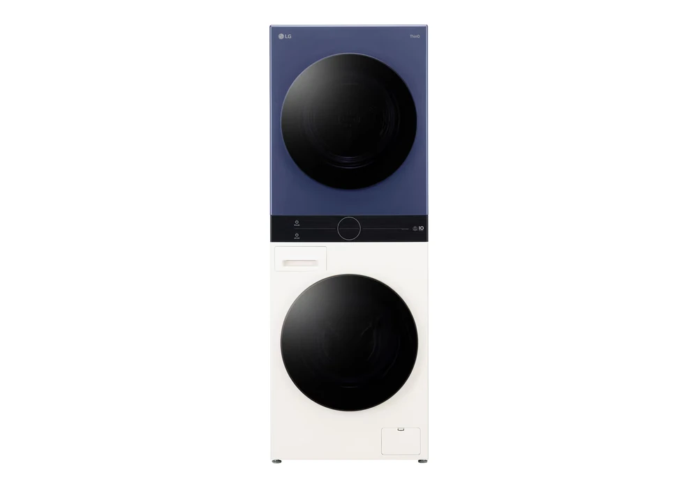 41435 Colonne LG WashTower bleu et beige, vue de face sur fond blanc