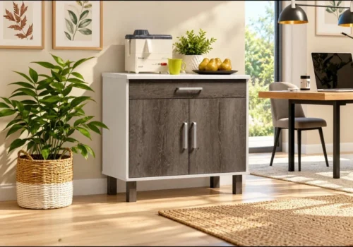 Meuble de cuisine 2 portes 1 tiroir Vivia coloris blanc et chêne gris, dans une cuisine meublée