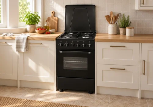Cuisinière gaz 50x50 cm noir mat 4 feux avec couvercle ouvert, installée dans une cuisine lumineuse