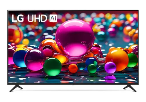TV LG 75UA75006LA 75 pouces vue de face sur fond blanc, écran affichant des billes colorées