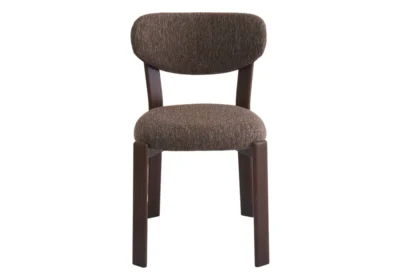 Chaise BRUNO en tissu brun chiné avec dossier arrondi et pieds finition bois foncé, vue de face sur fond blanc