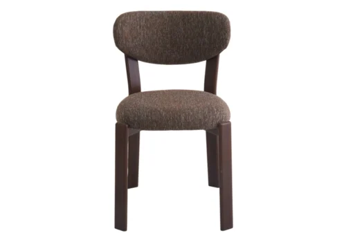Chaise BRUNO en tissu brun chiné avec dossier arrondi et pieds finition bois foncé, vue de face sur fond blanc