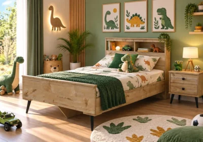 Lit 90x190 cm Caria avec tête de lit rangement en finition bois clair Pinus Sweet, dans une chambre meublée