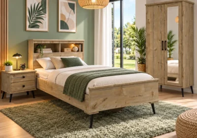 Armoire 2 portes avec miroir Caria en finition bois clair Pinus Sweet, dans une chambre meublée
