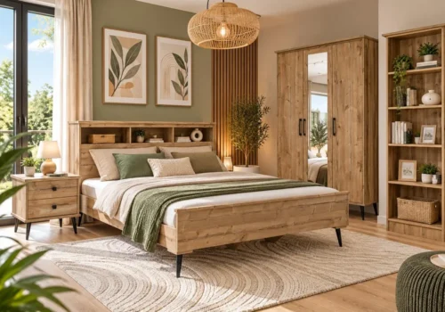 Armoire 3 portes avec miroir Caria en finition bois clair Pinus Sweet, dans une chambre meublée