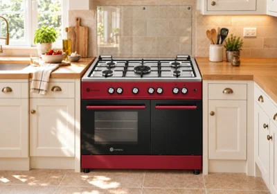 Cuisinière SYMTECH 90 cm rouge et noire 5 feux gaz avec couvercle en verre, installée dans une cuisine lumineuse