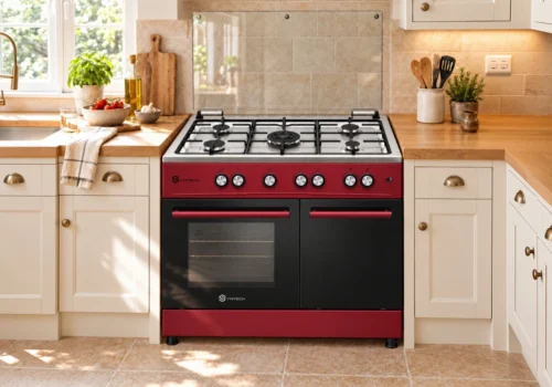 Cuisinière SYMTECH 90 cm rouge et noire 5 feux gaz avec couvercle en verre, installée dans une cuisine lumineuse