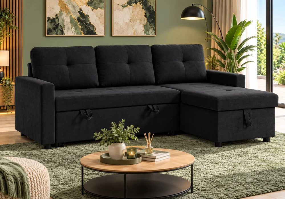 Salon d'angle convertible BIREO en tissu noir, méridienne à droite, dans un salon lumineux